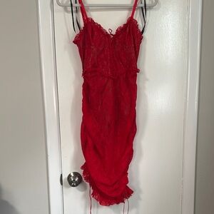 For Love And Lemons Red Ruched Slip Midi Dress